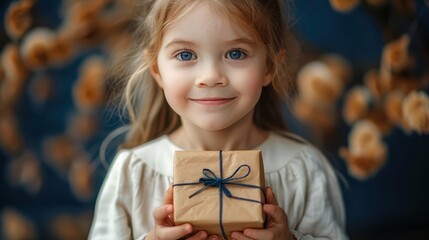 A joyful child with brown hair and blue eyes holds a small brown gift wrapped simply with a thin blue string bow, embodying the spirit of celebration and cheer.
