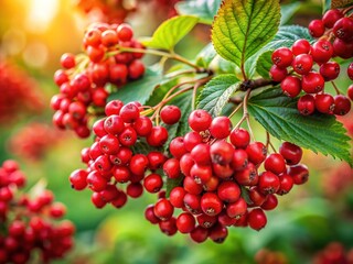 Fototapeta premium Vibrant red berries cluster on a delicate branch, amidst lush green foliage, against a soft focus background, evoking a sense of autumnal serenity and natural beauty.