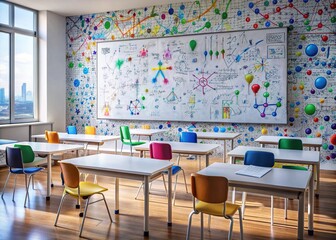 Empty classroom scene featuring a whiteboard filled with intricate math equations and formulas in colorful markers, with a few eraser crumbs scattered nearby.