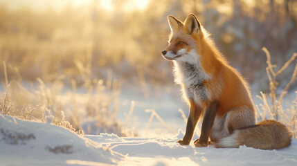 Obraz premium A red fox sits gracefully in a snowy winter landscape, bathed in warm sunlight, showcasing the beauty of nature.