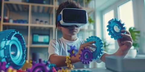 Boy wearing VR glasses exploring virtual reality while building with 3D printed gears