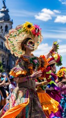 Woman with painted skull makeup and a large, ornate hat dances during a parade in Mexico. Vertical poster