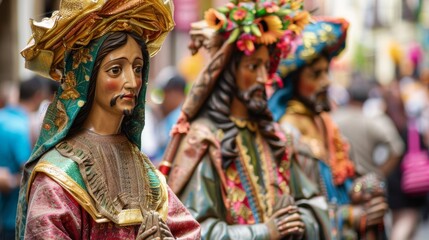 Elaborately dressed religious statues are carried through the streets during a lively procession for Fiesta de Santiago