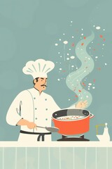 Chef cooking with magic steam and sparks