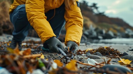 Fototapeta premium Volunteer using grabber tool to pick up trash on the beach, close-up, detailed view.