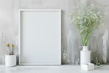 Vertical layout of a poster frame on a white table in a home studio with a white wall. Stylish bright interior.