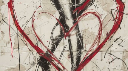 Innovative contemporary art piece showcasing intertwined female legs and red lines forming a heart shape expressing love and romance