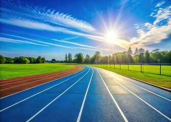 Empty running track with lanes marked by bright blue lines, waiting for an athlete to sprint, surrounded by a green grassy field and sunny sky.