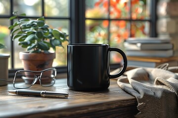 Black Coffee Mug Mockup with Glasses and Pen on a Cafe Table Background