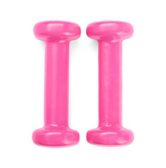 Pink dumbbells isolated on white, top view. Sports equipment