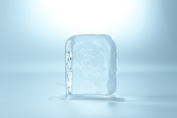 Cube of clear ice on light blue background