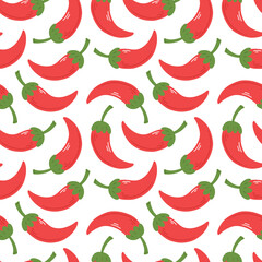 Seamless pattern with red peppers in cartoon flat style on a white background. illustration of a chili pepper background.