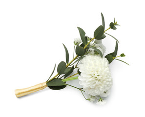 One small stylish boutonniere isolated on white, top view