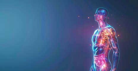 3D rendering of human body anatomy with glowing organs and vascular system