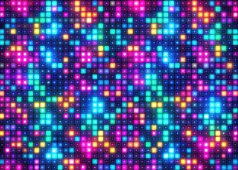 Vibrant, futuristic, pixelated seamless pattern features mesmerizing array of tiny squares in neon hues, perfect for tech, gaming, or digital-themed designs and visuals.