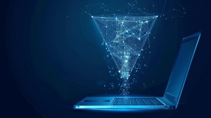 Futuristic laptop with digital connections and vortex on blue background