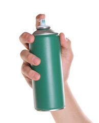 Man with can of spray paint on white background, closeup