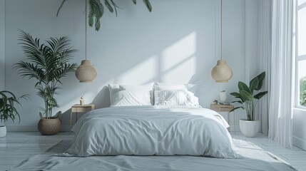 White luxury bedroom interior, wall mockup