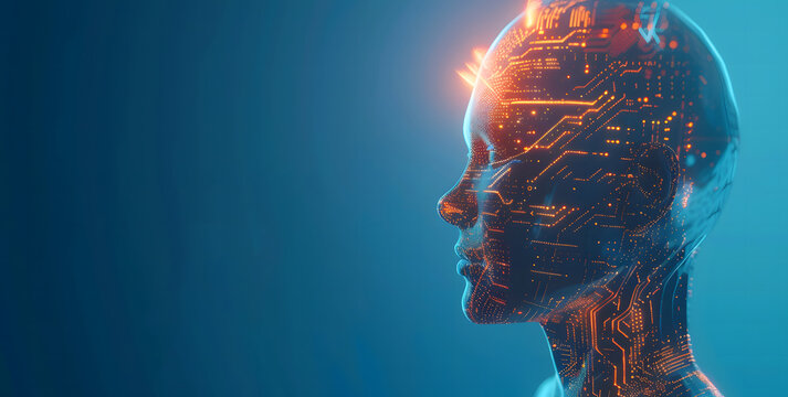 Electronic human head with integrated circuits, the concept of artificial intelligence technology, biotechnology innovation, robot progress, and machine learning design