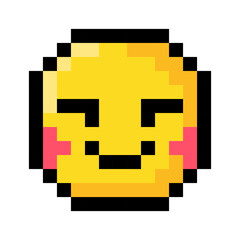Obraz premium Cute smile emoji pixel art isolated on a white background. 8 bit illustration.