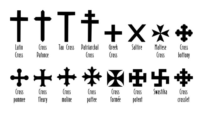 Various types of historical cross symbols with names, bold and black silhouette designs, icon set illustrations.