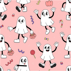 Seamless pattern with ghosts in a cartoon retro groove style on a pink background. halloween illustration background.