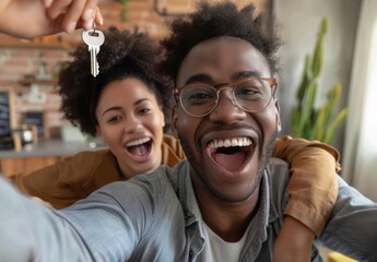 Joyful Black couple taking a selfie while holding house keys, celebrating their new home purchase with excitement and pride