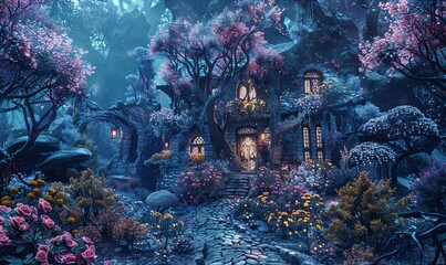 A fantasy scene with a house surrounded by trees and flowers