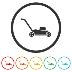Lawn Mower Icon logo. Set icons in color circle buttons