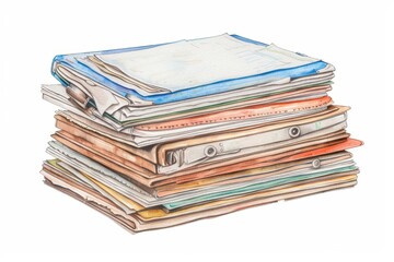A bright watercolor illustration of medical records, highlighting stacks of patient files and documents, isolate on white background with copy space