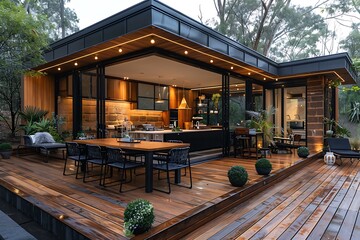 Backyard of a modern home extension includes the of a Backyard, deck, patio area.