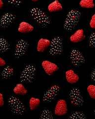 Close up of blackberries and raspberries on black