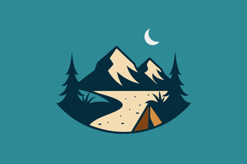 T-shirt design featuring a scenic mountain landscape with a winding river, a tent, and a campfire, all in a hand-drawn sketch style