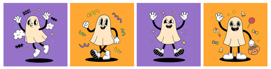 Obraz premium Set of Halloween posters or greeting card with ghosts in a cartoon retro groovy style. Halloween greeting cards collection.
