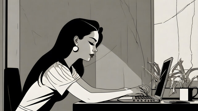 A woman in a highly stylized black and white cartoon drawing, heavily inspired by mid-20th century graphic design. Her silhouette is outlined with bold, uniform lines. - Powered by Adobe