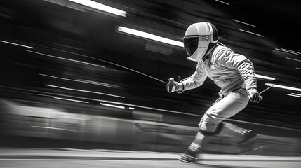 Modern pentathlete in mid-fencing bout, precise technique, selective focus, skill theme, ethereal, composite, fencing piste backdrop