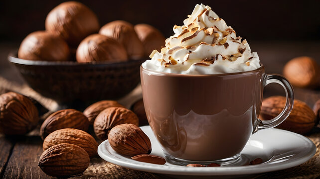 there is a hot chocolate drink with whipped cream and nuts on the table, hot cocoa drink, with a cup of hot chocolate, cappuccino, hot coffee, cozy cafe background, high quality food photography