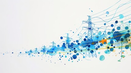 A detailed watercolor painting of a smart grid, depicting an intelligent energy distribution network, isolate on white background with copy space
