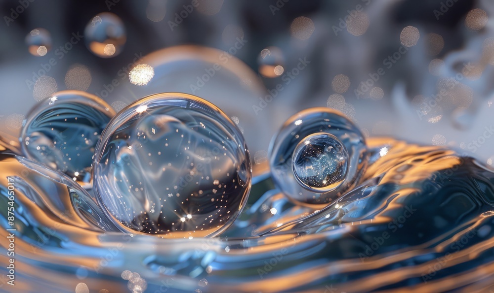 Poster a close up of a body of water with a few small bubbles floating on the surface