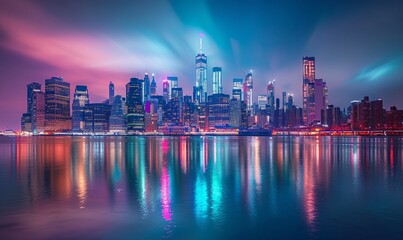 Fototapeta premium A city skyline is reflected in the water