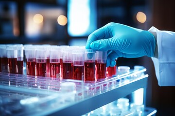Technician holding blood tube test in the research laboratory / doctor hand taking a blood sample tube from a rack with machines of analysis in the lab background
