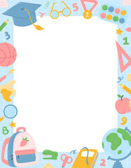 School frame template design with school supplies in cartoon flat style. Back to School illustration.