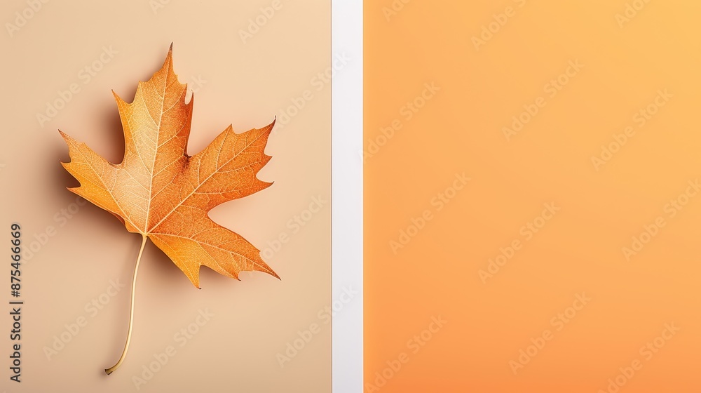 Poster a single fall leaf delicately placed on the left, with a smooth gradient background transitioning fr