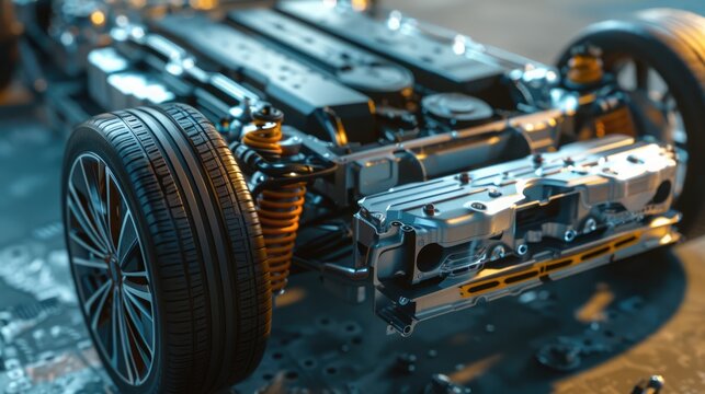 Car chassis with integrated high voltage electric vehicle battery pack, highlighting automotive engineering. High voltage electric vehicle batteries