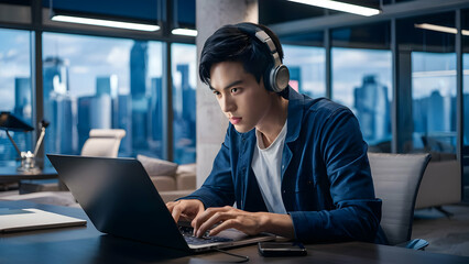 Young Asian man working intently on laptop in modern office