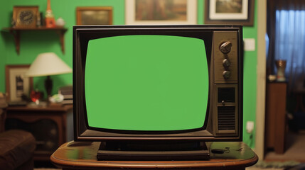 A green screen television is on a wooden table in a living room