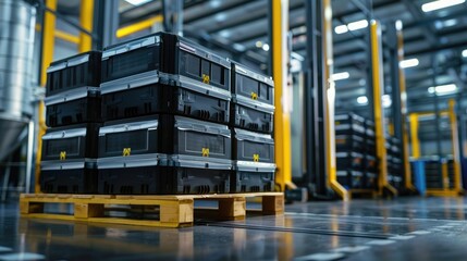 Electric vehicle batteries with high voltage stacked on a pallet, warehouse background, ready for transport. High voltage electric vehicle batteries