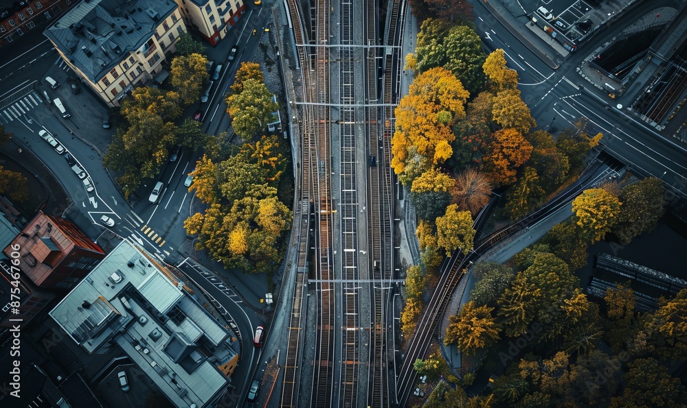 Poster a train track with trees in the background. the trees are in various stages of fall, with some leave