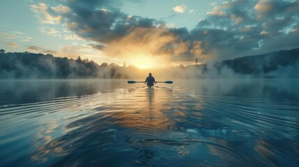 Single sculler in mid-stroke, precise technique, selective focus, skill theme, ethereal, composite, lake backdrop