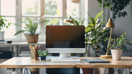 A welcoming home office space featuring a desktop computer, modern desk accessories, and a multitude of green plants by a large window allowing sunlight to fill the room.